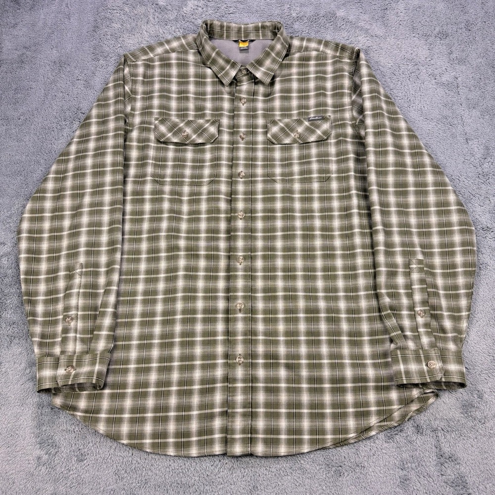 Eddie Bauer Flannel Shirt Men XL Tall Green Black Plaid Travex Button‎ Up Front
